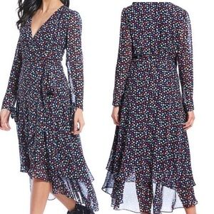 Betsey Johnson Multicolor Polka Dot Hi Low Hem Wrap Dress 4 Sheer Long Sleeves